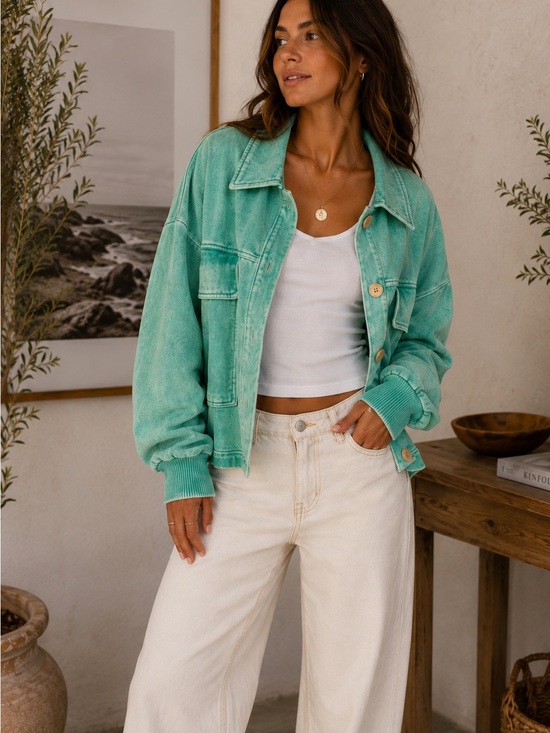 Zenana Outfitters Jackets & Blazers - Zenana Outfitters Mint Green Cropped Cotton Jacket